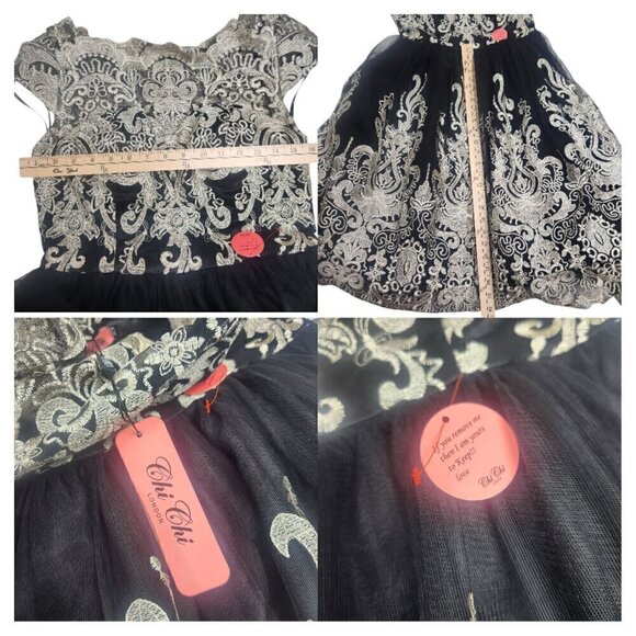 Chi Chi London Clara Dress Embroidered Lace Overlay Cap Sleeve Black Gold US 8 - Picture 11 of 12